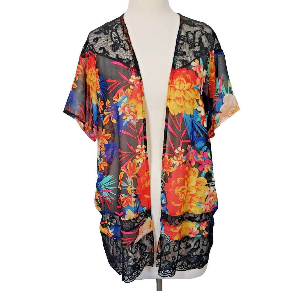 Candies Sheer Floral Beach Swim Cover Up Size XS Black Lace Trimmed Kimono Open